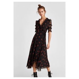 Zara Black and Floral Ruffled Sheer Wrap Dress